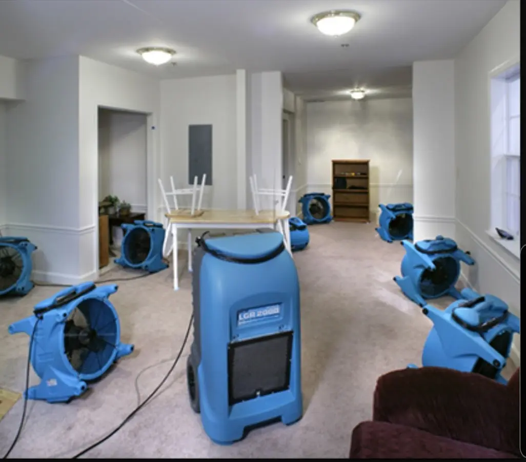 Air movers and dehumidifier setup for Water Damage Restoration in Randolph Town